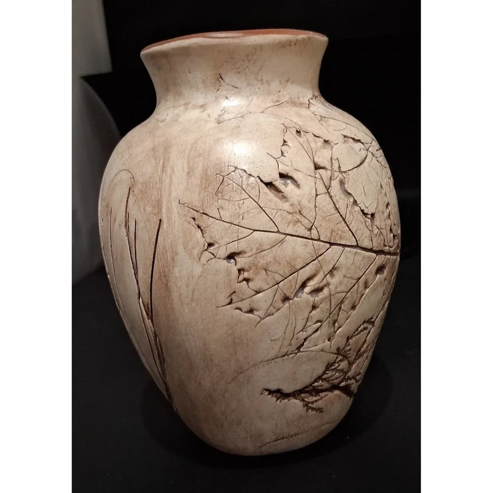 Getty Signed Studio Pottery Vase Incised Leaf Grass Earthy Terracotta 5.5 Inch